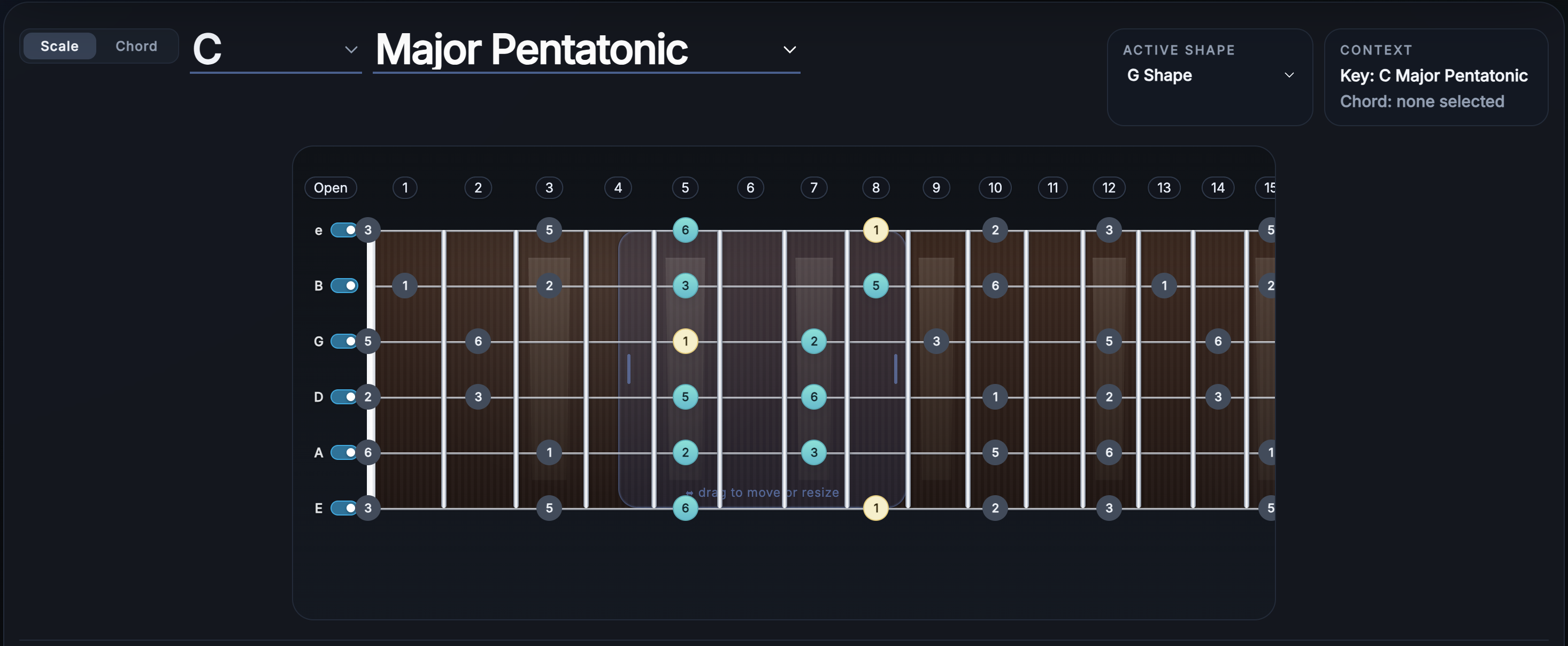 FretScope showing C major pentatonic in the G shape with scale degrees