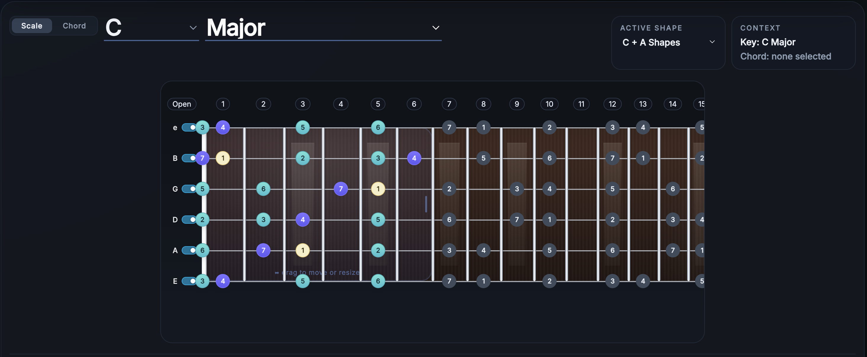 FretScope showing the C major scale across C and A shapes with scale degrees